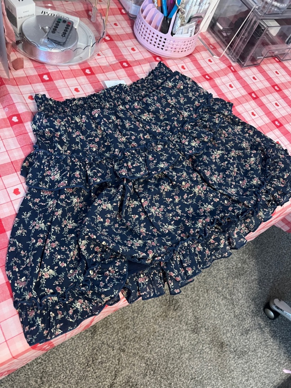 Smocked Navy Floral Ruffle Mini Skirt - Picture 3 of 7